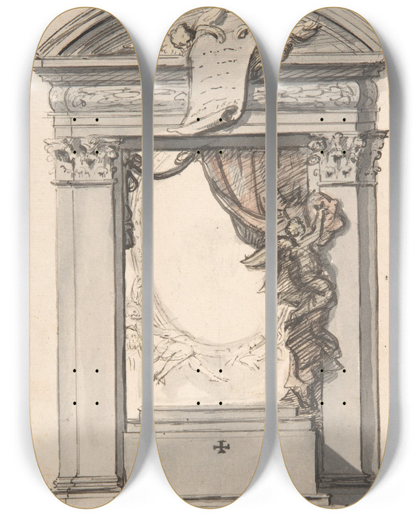 Triptych art skateboard deck of Hendrikfrans Verbruggen Design For An Altar by Hendrik-Frans Verbruggen (1654-1724)