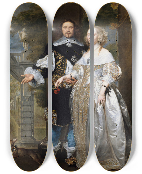 Triptych art skateboard deck of Gonzales Coques Portrait Of A Married Couple In The Park by Gonzales Coques (1614-1684)