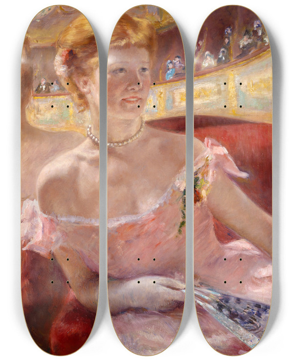 Triptych art skateboard deck of Mary Cassatt Woman With A Pearl Necklace In A Loge by Mary Cassatt (1844-1926)