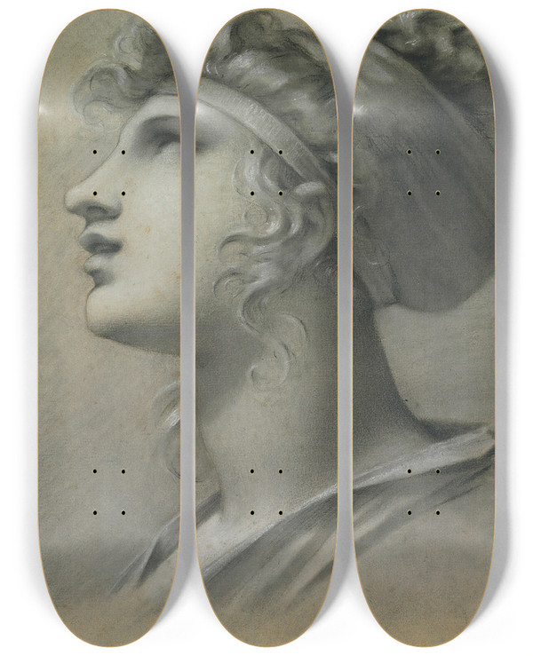 Triptych art skateboard deck of Pierrepaul Prudhon Head Of A Muse by Pierre-Paul Prud'hon (1758-1823)