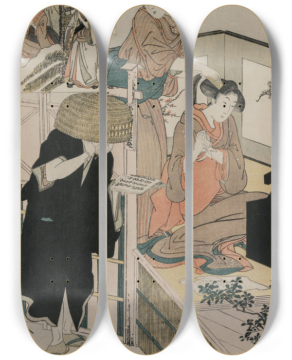 Triptych art skateboard deck of Kitagawa Utamaro Chushingura Act Ix Of The Storehouse Of Loyalty by Kitagawa Utamaro (1753-1806)