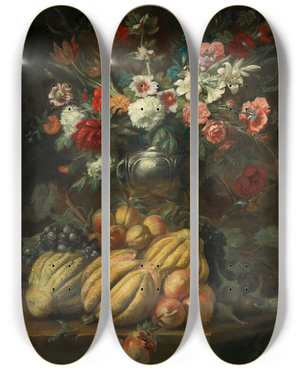 Triptych art skateboard deck of Abraham Brueghel Flowers In A Vase And Fruit On A Table by Abraham Brueghel (1631-1697)