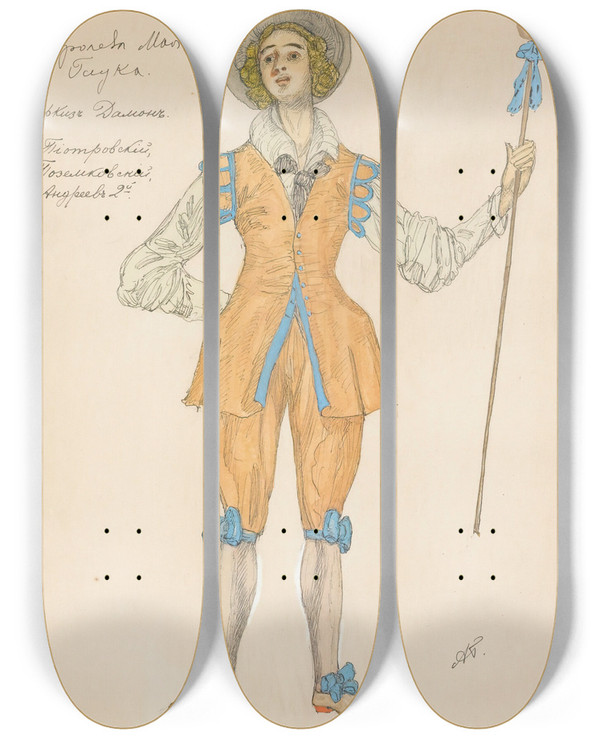Triptych art skateboard deck of Alexander Yakovlevich Golovin Costume Design For The May Queen Iii by Alexander Yakovlevich Golovin (1863-1930)