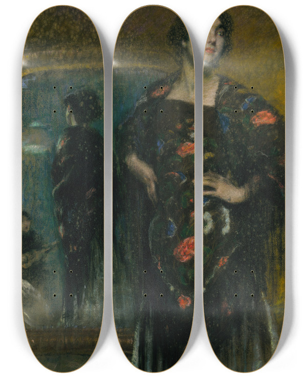 Triptych art skateboard deck of Alice Pike Barney The Spanish Shawl by Alice Pike Barney (1857-1931)