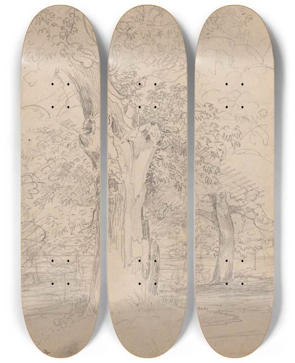 Triptych art skateboard deck of Friedrich Salath An Ancient Tree With Figures In A Landscape by Friedrich Salathe (1793-1860)
