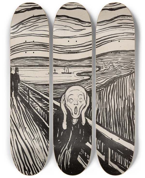 Triptych art skateboard deck of Edvard Munch The Scream_1 by Edvard Munch (1863-1944)