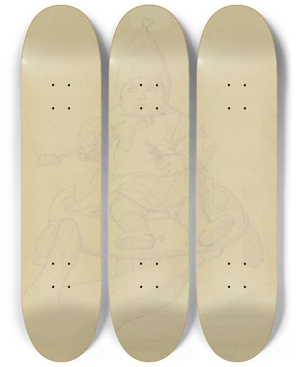 Triptych art skateboard deck of Eduard Von Steinle Die Kleine Josephine Steinle Auf Einem Kissen Sitzend Mit Tabakspfeife Milchflasche Sporen Und Dem Hollndischen Nachtmtzchen Von Einer Hand Ber Frankfurt Am Main Gehalten by Eduard Von Steinle (1810-1886)