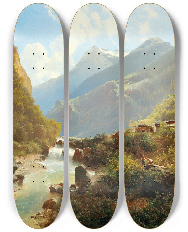 Triptych art skateboard deck of Leopold Heinrich Vscher By The Mountain Torrent by Leopold Heinrich Voscher (1830-1877)