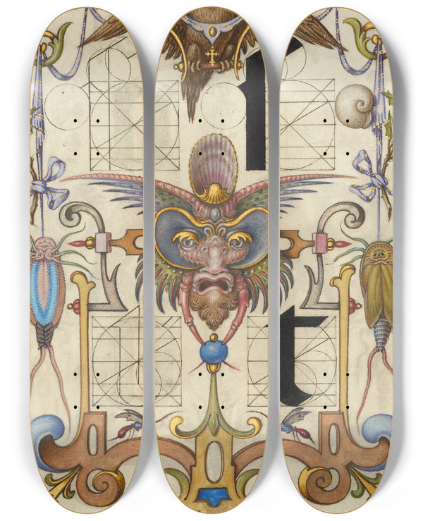 Triptych art skateboard deck of Joris Hoefnagel Guide For Constructing The Letters S And T by Joris Hoefnagel (1542-1600)