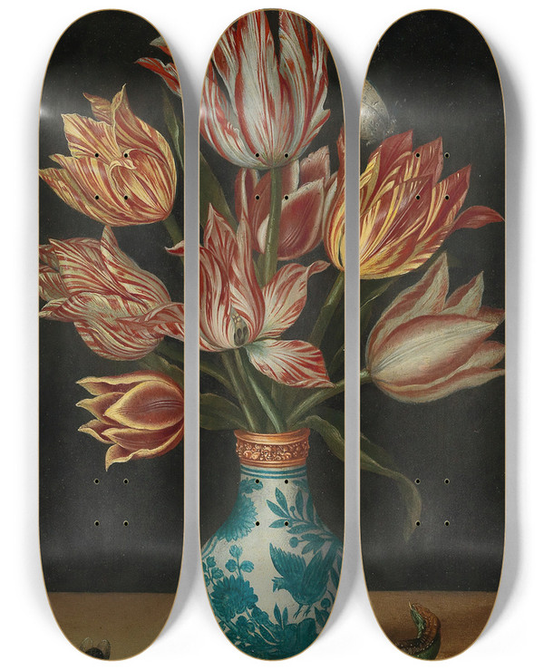Triptych art skateboard deck of Circle Of Ambrosius Bosschaert I A Still Life With Parrot Tulips In A Wanli Vase A Fly And A Lizard by Circle Of Ambrosius Bosschaert I (1573-1621)