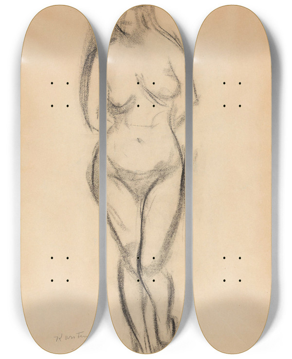 Triptych art skateboard deck of Ludvig Karsten Stende Kvinneakt_4 by Ludvig Karsten (1876-1926)