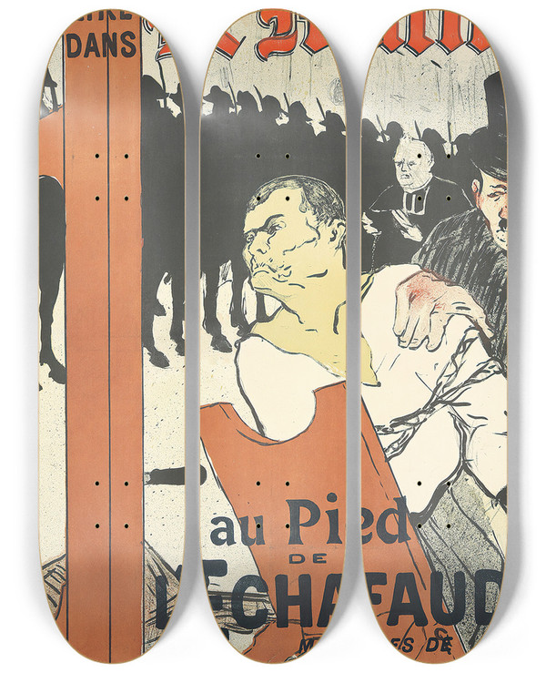 Triptych art skateboard deck of Henri De Toulouselautrec Le Matin Au Pied De Lechafaud by Henri de Toulouse-Lautrec (1864-1901)