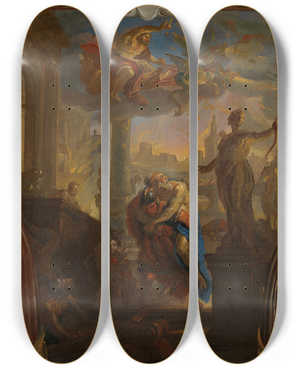 Triptych art skateboard deck of Johann Michael Rottmayr Aeneas Rescues His Father Anchises From The Burning Troy Vulcan In The Sky On His Chariot by Johann Michael Rottmayr (1654-1654)