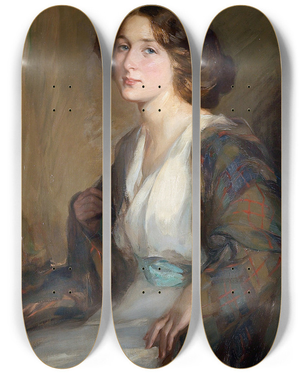 Triptych art skateboard deck of Robert Hope A Winsome Maid Circa by Robert Hope (1869-1936)