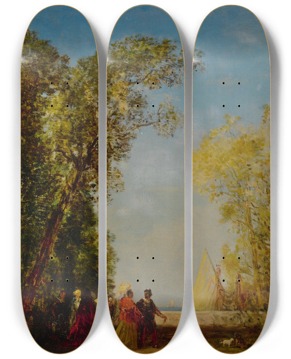 Triptych art skateboard deck of Flix Ziem Intrieur Dun Jardin Venise by Felix Ziem (1821-1911)