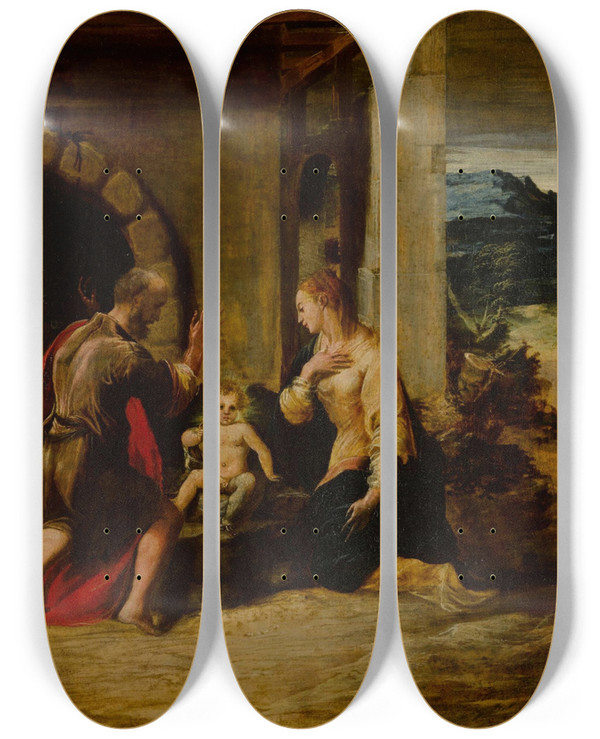 Triptych art skateboard deck of Girolamo Mazzola Bedoli The Holy Family In A Landscape by Girolamo Mazzola Bedoli (1500-1569)