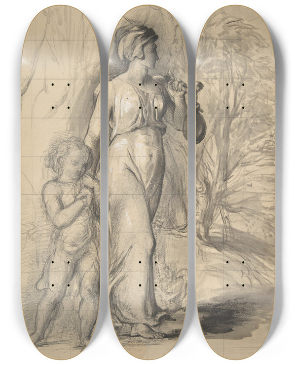 Triptych art skateboard deck of George Richmond Hagar And Ishmael In The Wilderness by George Richmond (1809-1896)