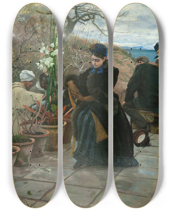Triptych art skateboard deck of Hugo Birger The Refugees by Hugo Birger (1854-1887)