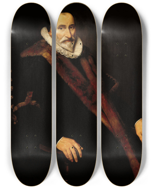 Triptych art skateboard deck of Cornelis Van Der Voort Portrait Of Cornelis Pietersz Hooft by Cornelis van der Voort (1575-1624)