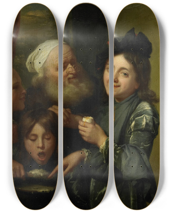 Triptych art skateboard deck of Godfried Schalcken Every One His Fancy by Godfried Schalcken (1643-1706)