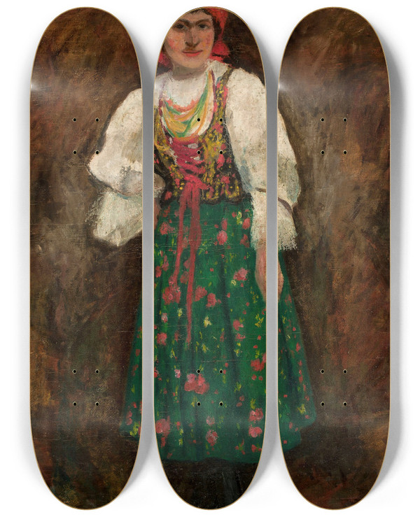 Triptych art skateboard deck of Tadeusz Makowski Woman In A Krakw Folk Costume by Tadeusz Makowski (1882-1932)