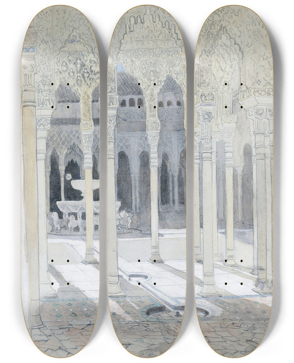 Triptych art skateboard deck of Hercules Brabazon Brabazon The Lion Courtyard The Alhambra Granada Spain by Hercules Brabazon Brabazon (1821-1906)