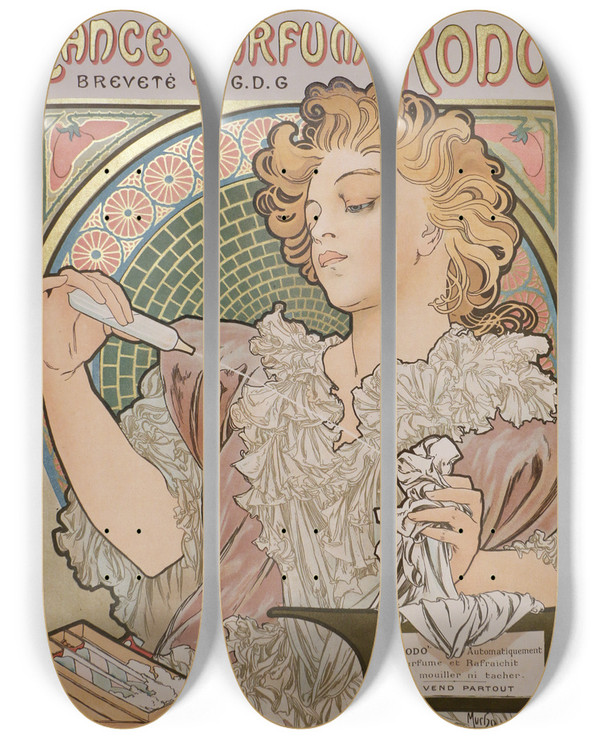 Triptych art skateboard deck of Alphonse Mucha Lance Parfum Rodo by Alphonse Mucha (1860-1939)