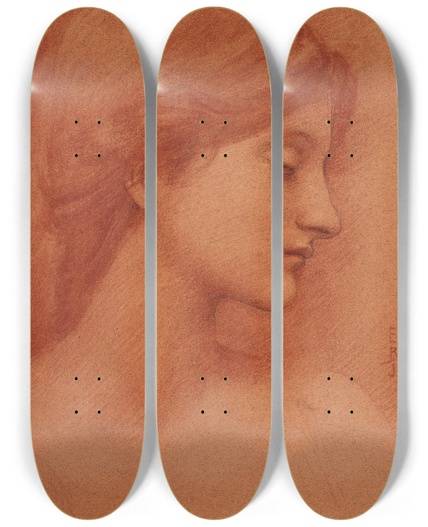 Triptych art skateboard deck of Sir Edward Coley Burnejones Study Of A Female Head by Sir Edward Coley Burne-Jones (1833-1898)