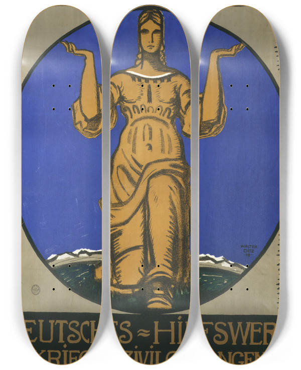 Triptych art skateboard deck of Walter Ditz Kriegsgefangenenhilfe Deutsches Hilfswerk Fr Die Kriegs Und Zivilgefangenen by Walter Ditz (1887-1925)