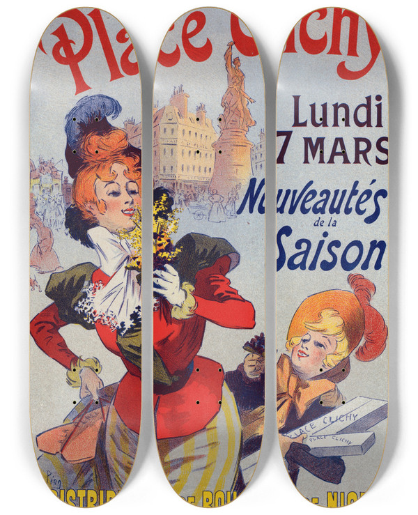 Triptych art skateboard deck of Ren Pan A La Place Clichy by Rene Pean (1875-1945)