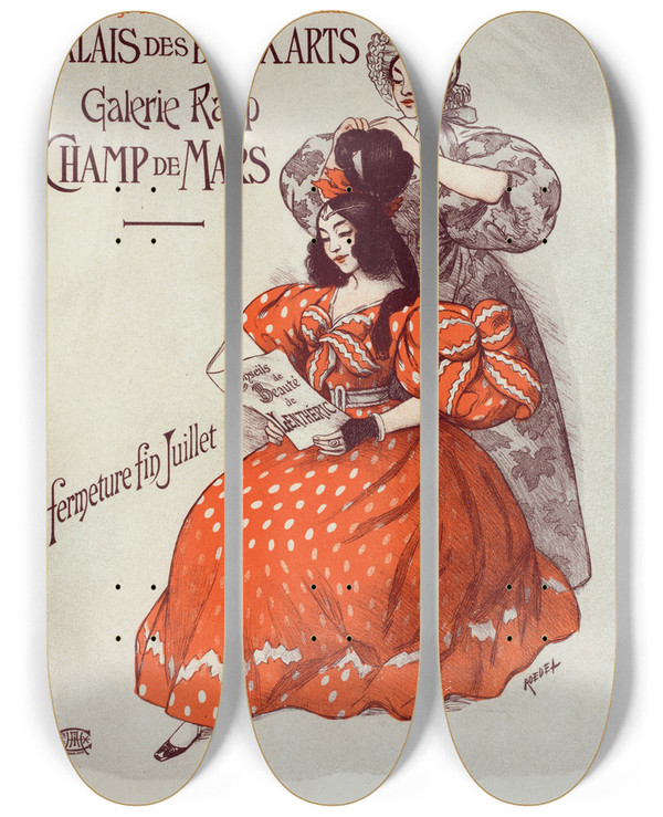 Triptych art skateboard deck of Auguste Roedel Salon De La Mode by Auguste Roedel (1859-1900)