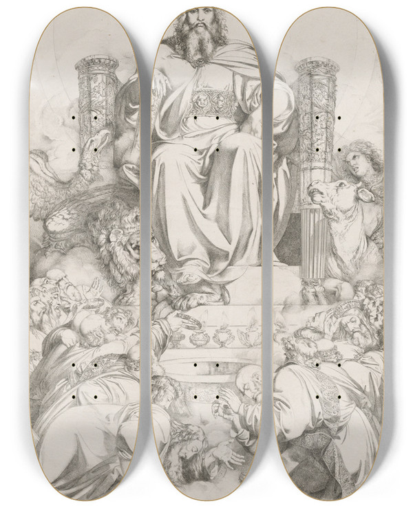 Triptych art skateboard deck of Luigi Sabatelli Et Ecce Sedes Posita Erat In Coelo God The Son In Majesty On The Throne Surrounded By The Four Creatures And Worshipped By The Twentyfour Elders by Luigi Sabatelli (1772-1850)