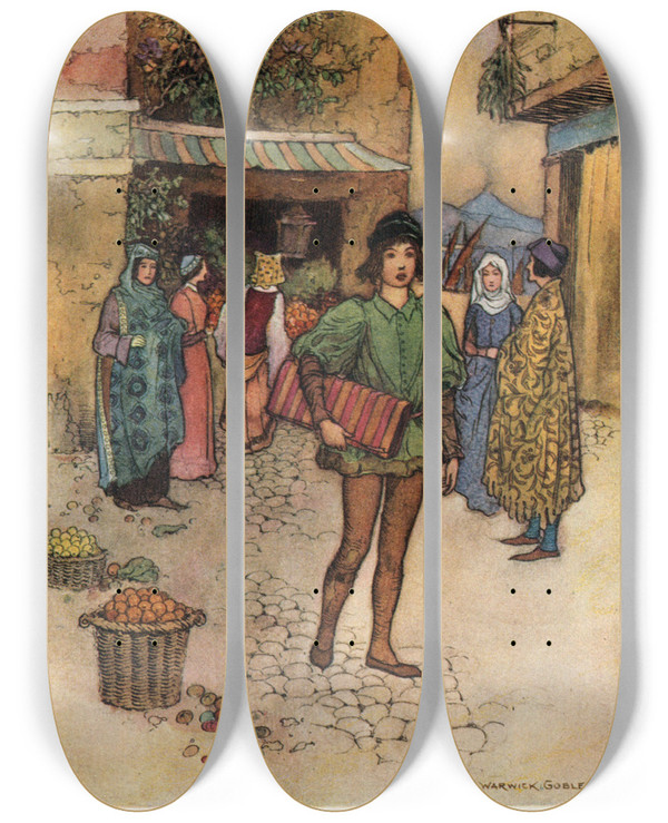 Triptych art skateboard deck of Warwick Goble Vardiello With The Cloth by Warwick Goble (1862-1943)