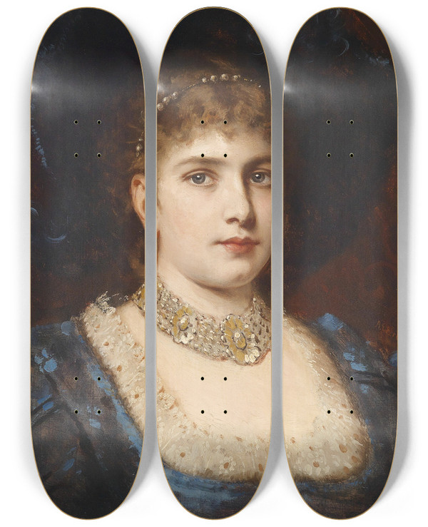 Triptych art skateboard deck of Anton Ebert Dame In Blauem Kleid Mit Hut by Anton Ebert (1845-1896)