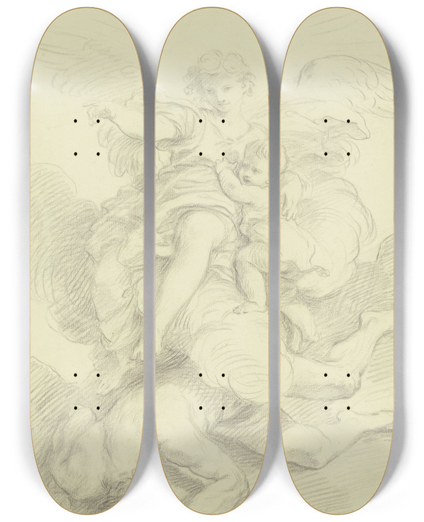 Triptych art skateboard deck of Carlo Maratta Ein Schutzengel Hlt Ein Kind In Seinen Armen Zu Seinen Fen Ein Gestrzter Mann by Carlo Maratta (1625-1713)