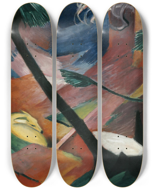 Triptych art skateboard deck of Franz Marc Deer In The Forest Ii by Franz Marc (1880-1916)
