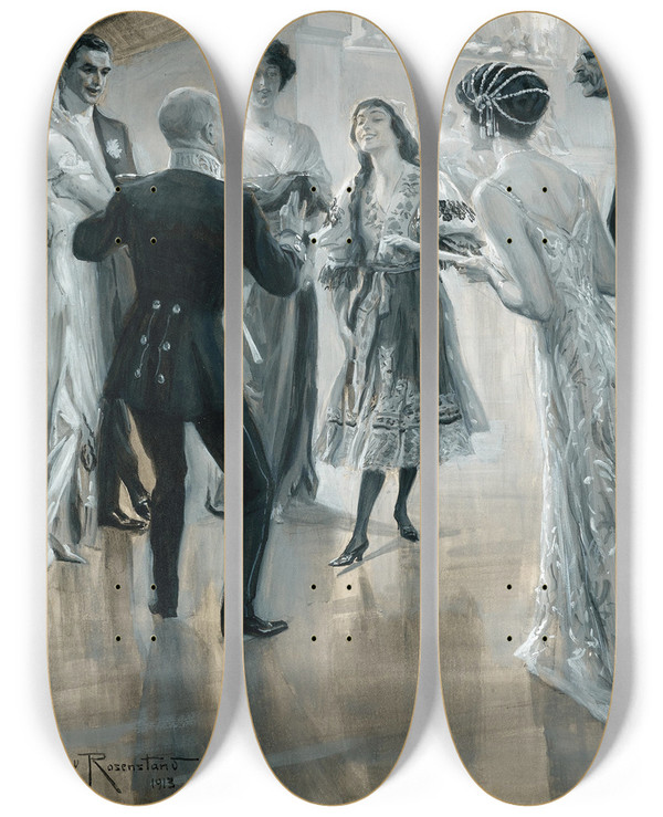 Triptych art skateboard deck of Christian Emil Rosenstand A Little Dance by Christian Emil Rosenstand (1859-1932)