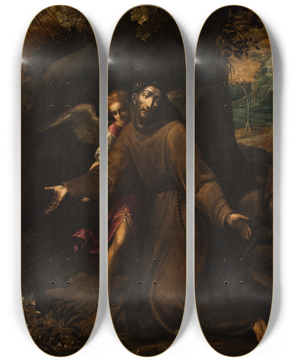 Triptych art skateboard deck of Francesco Da Castello The Ecstasy Of St Francis by Francesco Da Castello (1540-1621)