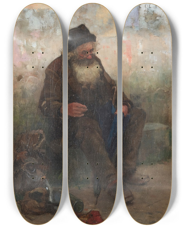 Triptych art skateboard deck of Frank C Penfold The Old Beggar by Frank C Penfold (1849-1921)