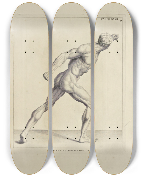 Triptych art skateboard deck of Michael Van Der Gucht Anatomy Improvd And Illustrated With Regard To The Uses Thereof In Designing Pl32 by Michael van der Gucht (1660-1725)