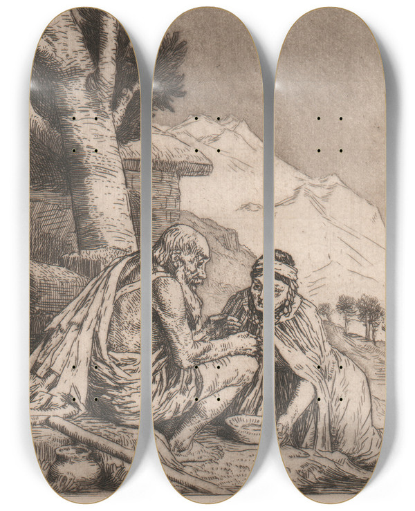 Triptych art skateboard deck of William Strang The Miracle Of Purun Bhagat by William Strang (1859-1921)