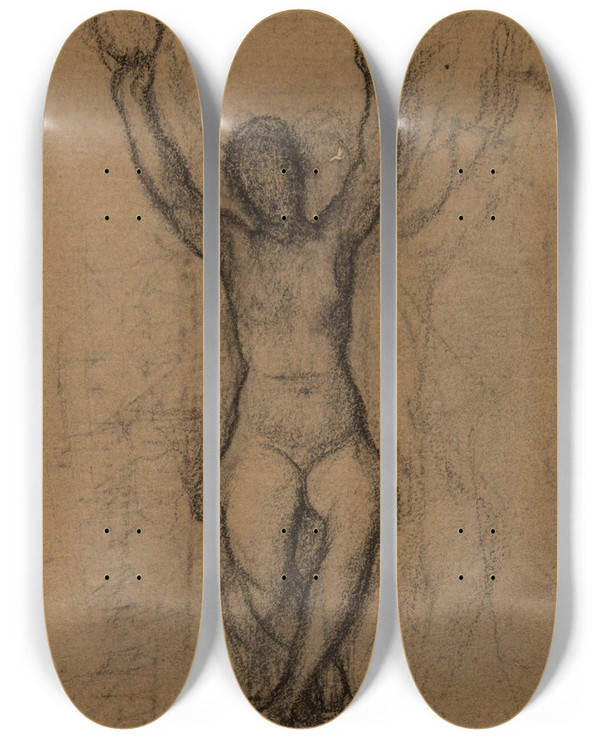 Triptych art skateboard deck of Pierre Puvis De Chavannes Femme Nue Assise De Face Les Deux Bras Levs by Pierre Puvis De Chavannes (1824-1898)