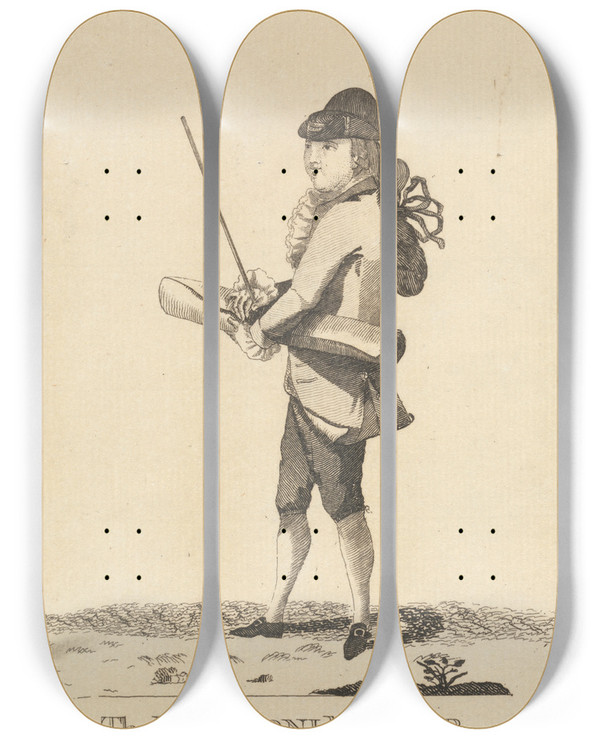 Triptych art skateboard deck of Mary Darly The Mercer by Mary Darly (1756-1779)