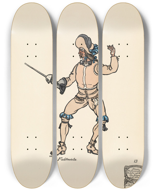 Triptych art skateboard deck of Ernst Stern Der Fechtmeister by Ernst Stern (1876-1954)