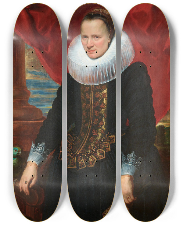 Triptych art skateboard deck of Anthony Van Dyck Portrait Of A Noblewoman With A Parrot by Anthony Van Dyck (1599-1641)