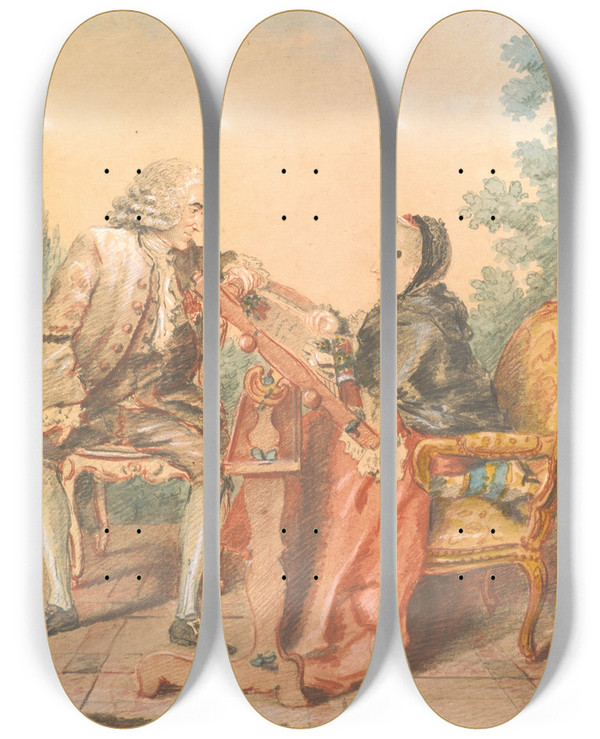 Triptych art skateboard deck of Louis Carrogis Carmontelle Seated Man With Woman At An Embroidery Frame La Leon De Tapisserie by Louis Carrogis Carmontelle (1717-1806)