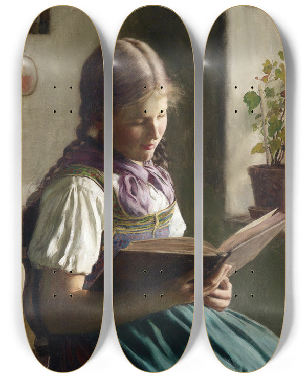 Triptych art skateboard deck of Emil Rau Lesendes Mdchen by Emil Rau (1858-1937)