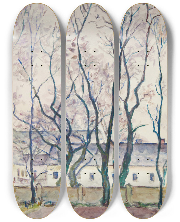 Triptych art skateboard deck of Ivan Ivanec Pejza Z Drzewami I Zespoem Architektonicznym Za Murem by Ivan Ivanec (1893-1946)