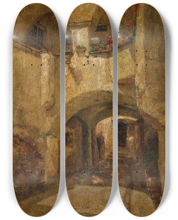 Triptych art skateboard deck of Paul Unbereit In The Wachau Region by Paul Unbereit (1884-1937)