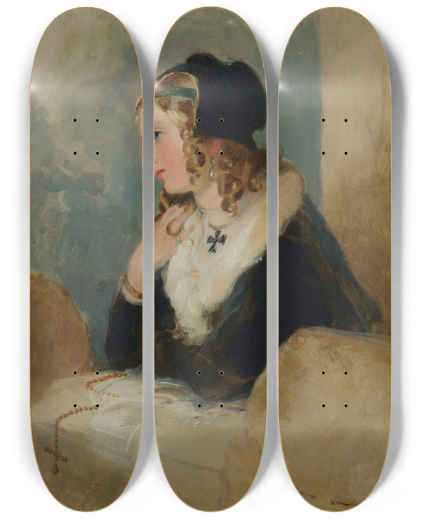 Triptych art skateboard deck of Sir Edwin Henry Landseer Portrait Of Catherine Seyton by Sir Edwin Henry Landseer (1802-1873)